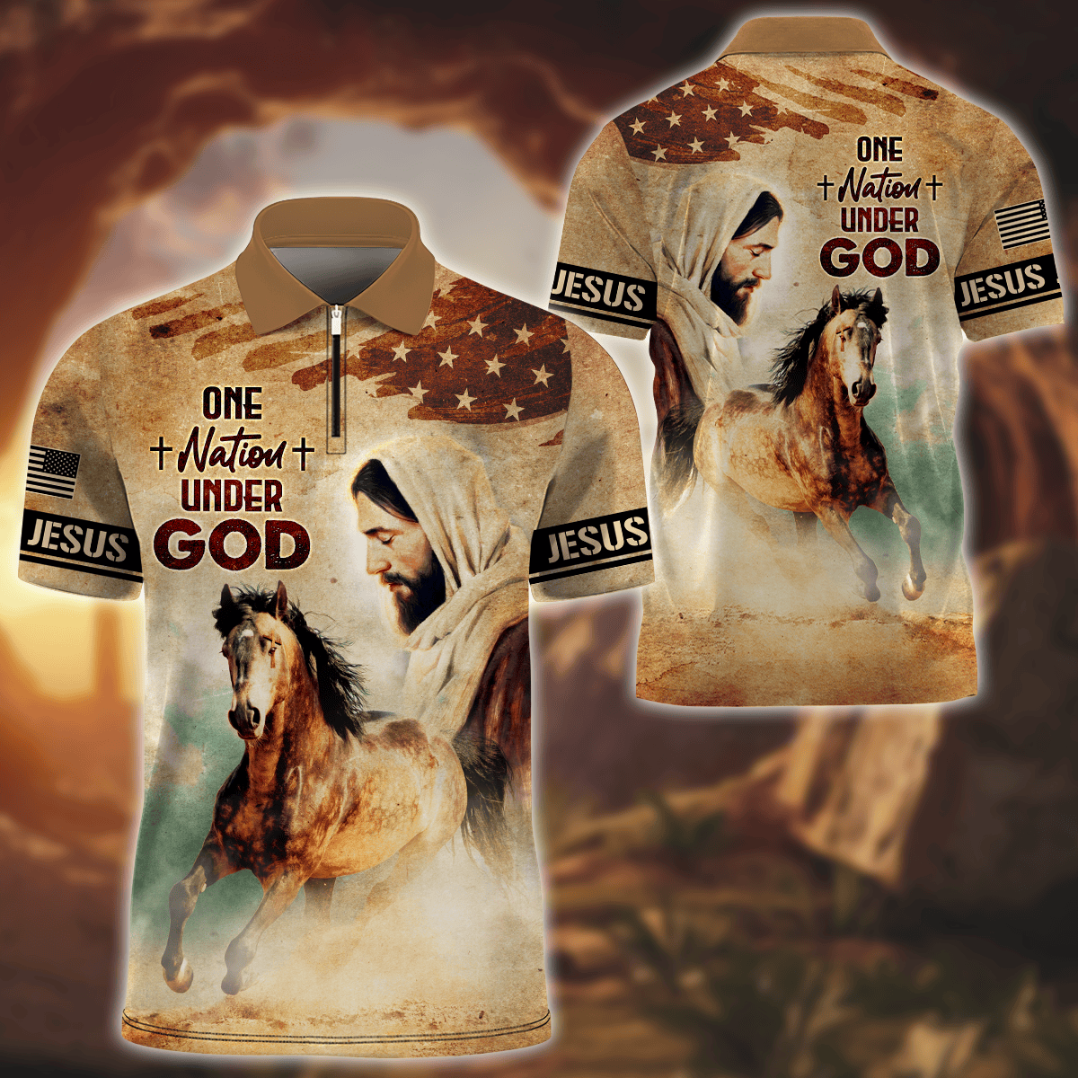 Jesus Vintage Shirt - One Nation Under God - Zipper Polo Shirt, easychoo.com