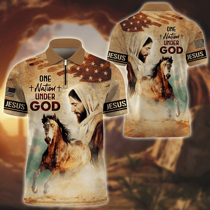 Jesus Vintage Shirt - One Nation Under God - Zipper Polo Shirt, easychoo.com