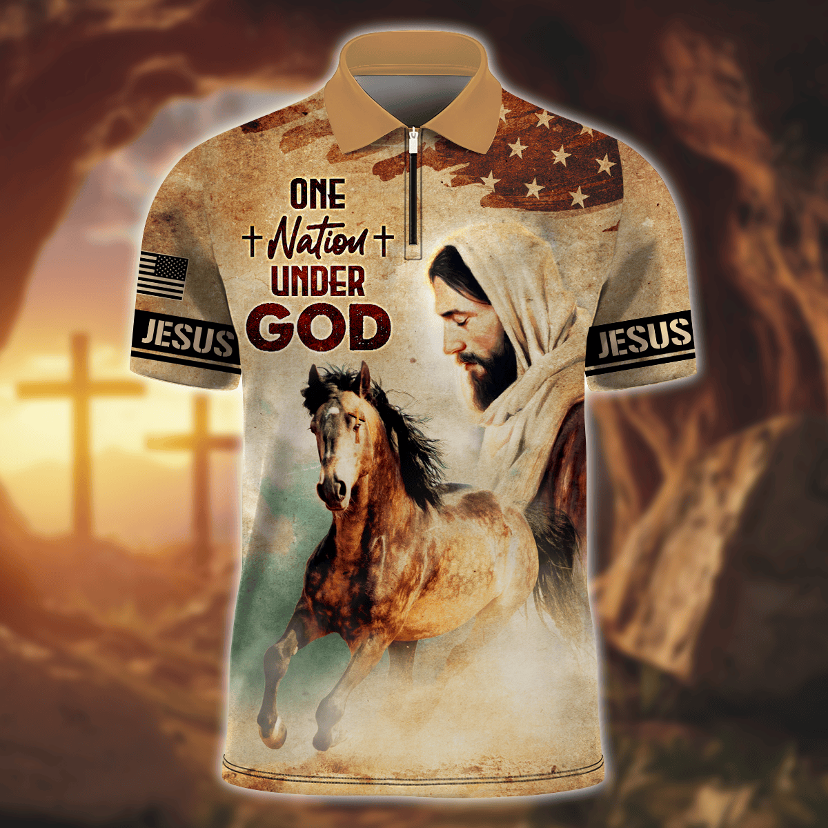 Jesus Vintage Shirt - One Nation Under God - Zipper Polo Shirt, easychoo.com