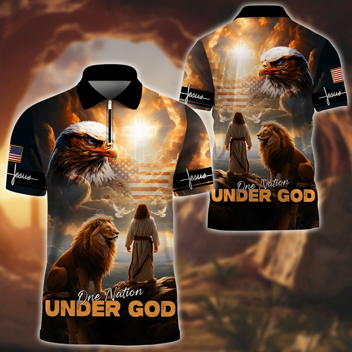 Premium U.S - One Nation Under God - Zipper Polo Shirt, easychoo.com