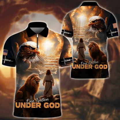 Premium U.S - One Nation Under God - Zipper Polo Shirt, easychoo.com