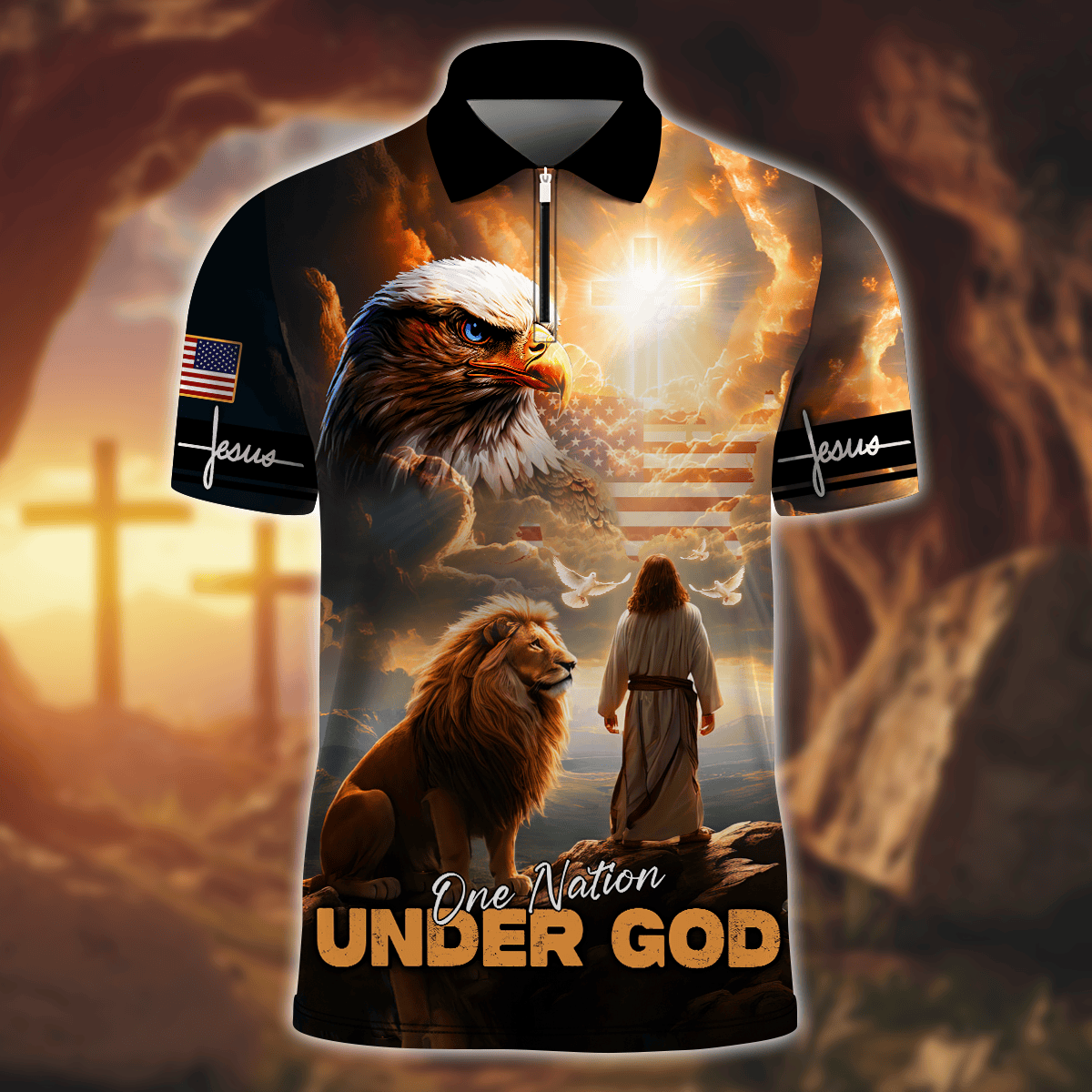 Premium U.S - One Nation Under God - Zipper Polo Shirt, easychoo.com