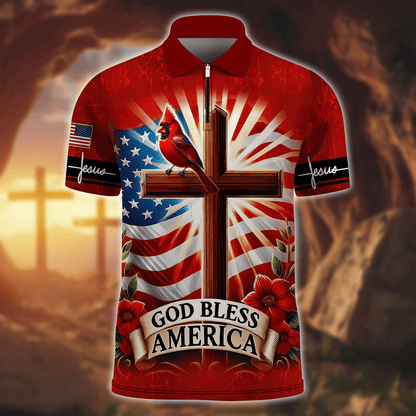Premium U.S - God Bless America - Zipper Polo Shirt, easychoo.com