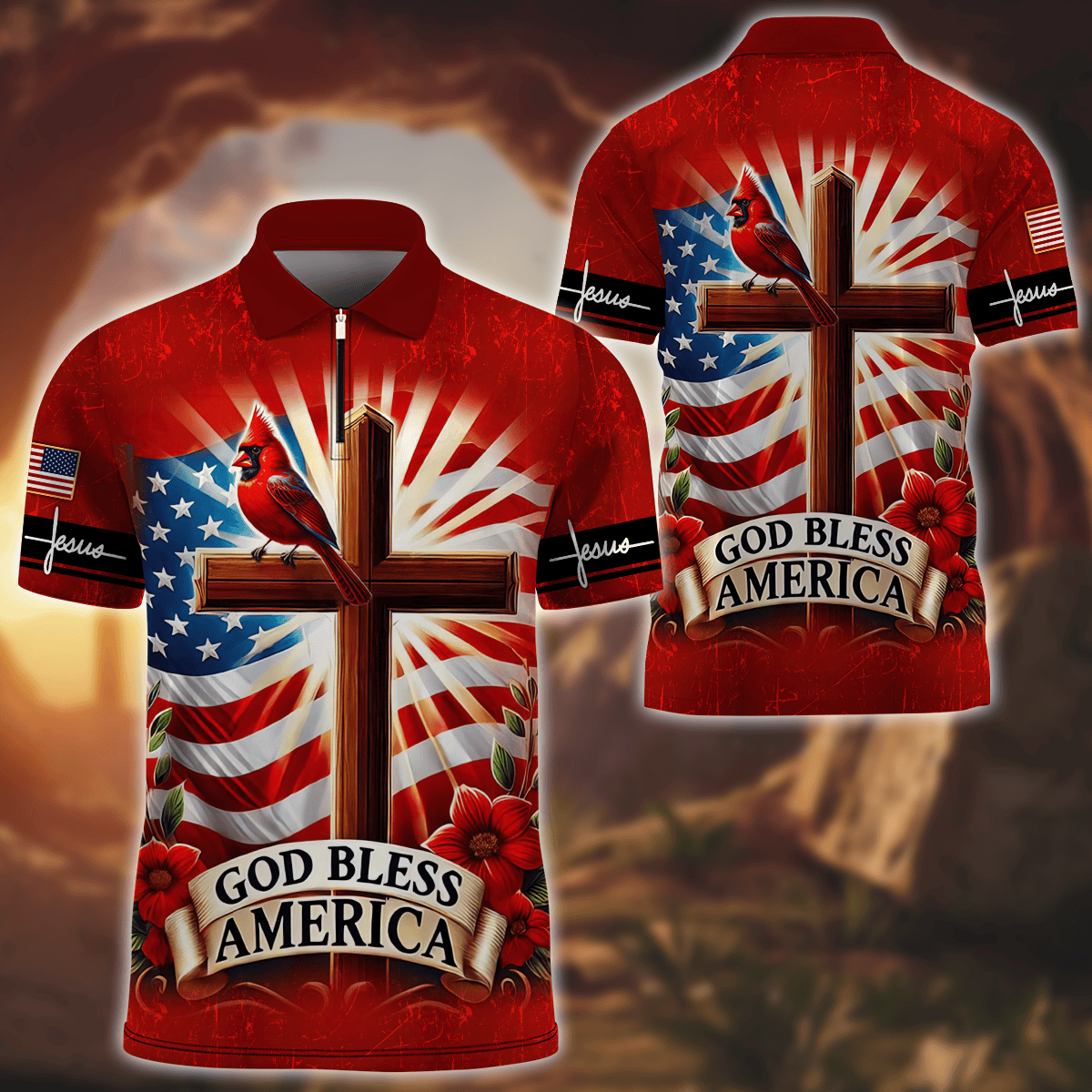 Premium U.S - God Bless America - Zipper Polo Shirt, easychoo.com