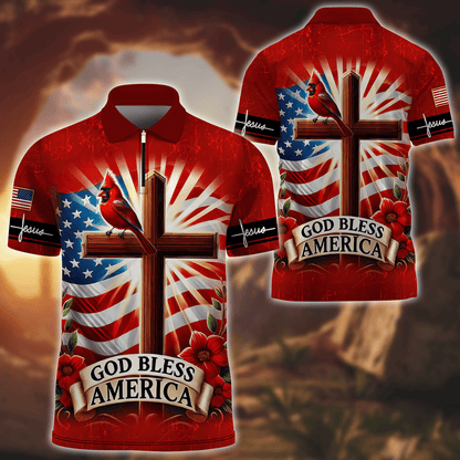 Premium U.S - God Bless America - Zipper Polo Shirt, easychoo.com