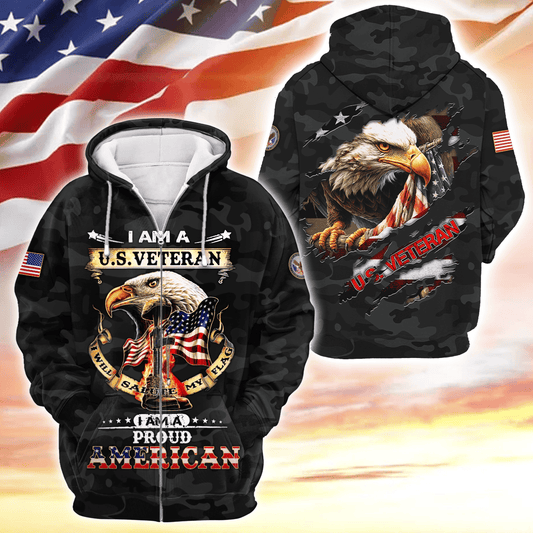 I am a U.S. Veteran i will salute my flag i am a proud America, Zip Hoodie