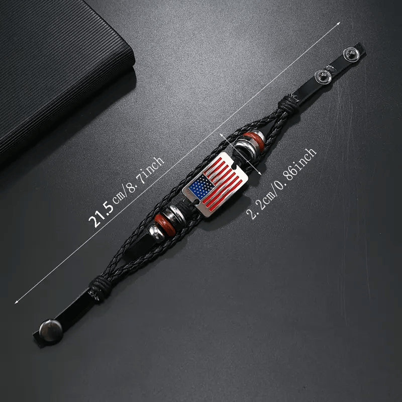 Independence Day US Flag Bracelet, Memorial Day, Veterans day, Adjustable braided leather wristband with red, white and blue waxed cord, Patriotic sports bracelet as party gift for Independen, easychoo.com