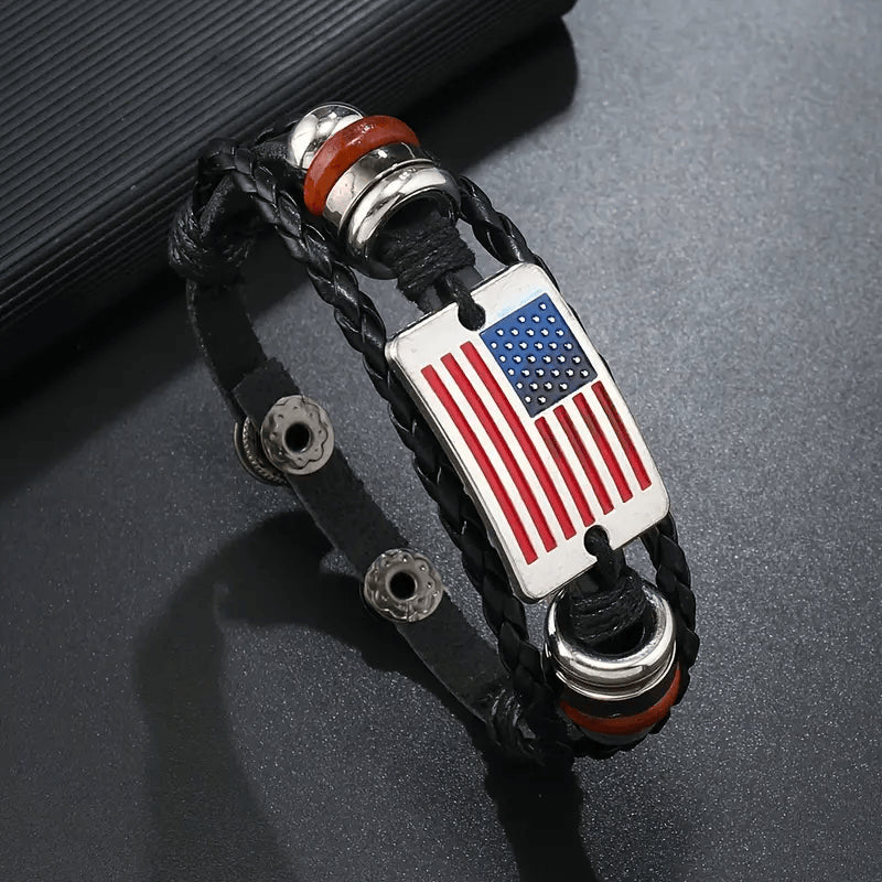 Independence Day US Flag Bracelet, Memorial Day, Veterans day, Adjustable braided leather wristband with red, white and blue waxed cord, Patriotic sports bracelet as party gift for Independen, easychoo.com