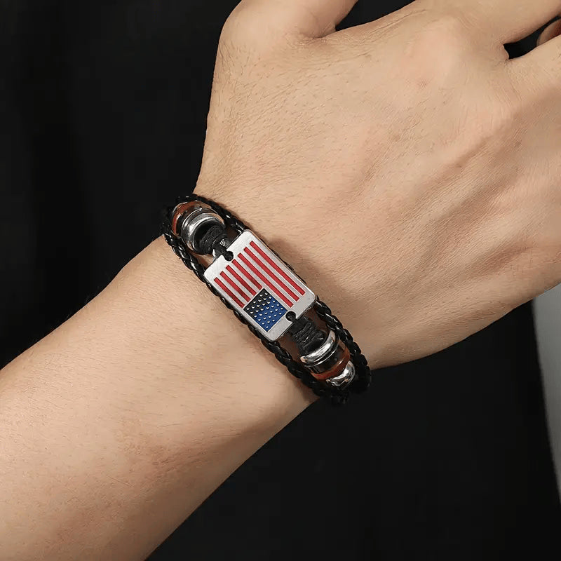 Independence Day US Flag Bracelet, Memorial Day, Veterans day, Adjustable braided leather wristband with red, white and blue waxed cord, Patriotic sports bracelet as party gift for Independen, easychoo.com