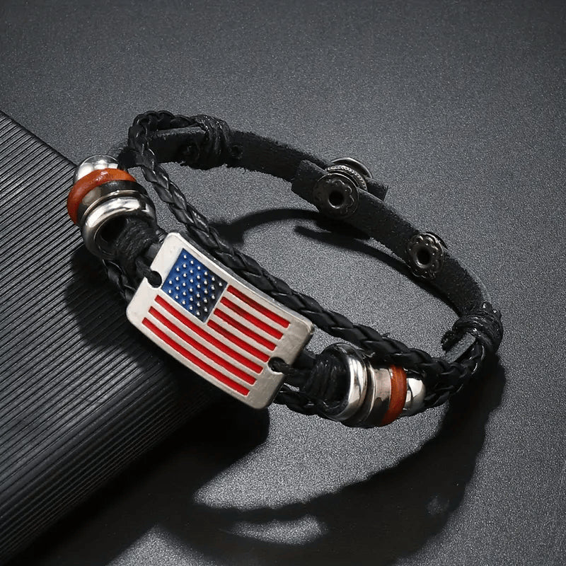 Independence Day US Flag Bracelet, Memorial Day, Veterans day, Adjustable braided leather wristband with red, white and blue waxed cord, Patriotic sports bracelet as party gift for Independen, easychoo.com