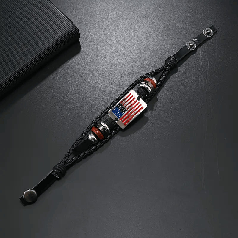 Independence Day US Flag Bracelet, Memorial Day, Veterans day, Adjustable braided leather wristband with red, white and blue waxed cord, Patriotic sports bracelet as party gift for Independen, easychoo.com