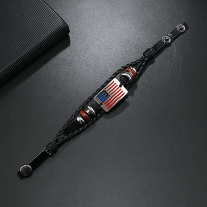 Independence Day US Flag Bracelet, Memorial Day, Veterans day, Adjustable braided leather wristband with red, white and blue waxed cord, Patriotic sports bracelet as party gift for Independen, easychoo.com