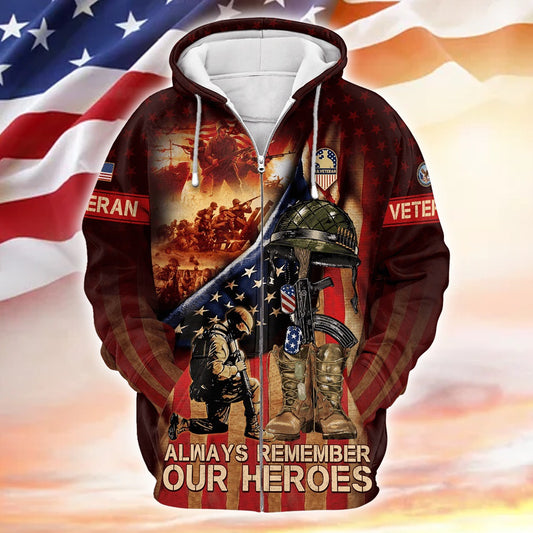 Zip Hoodie - Always Remember Our Heroes - US Veterans Shirts , Gifts for veterans