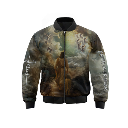 Faith Over Fear Christian Hoodie – 3D Jesus Walking with Lion to Heaven, Angel Cloud Religious Zip Up Jacket