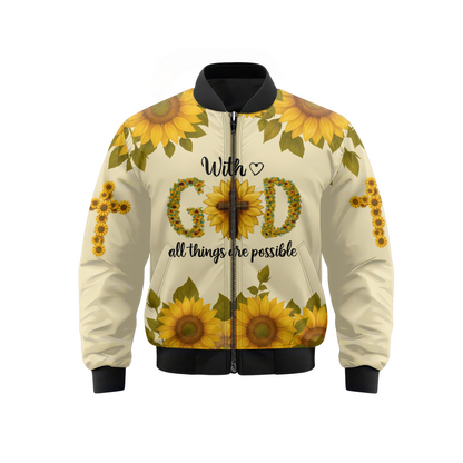 With God All Things Are Possible Sunflower Christian Hoodie – Faith Cross Zip Up Sweatshirt for Believers