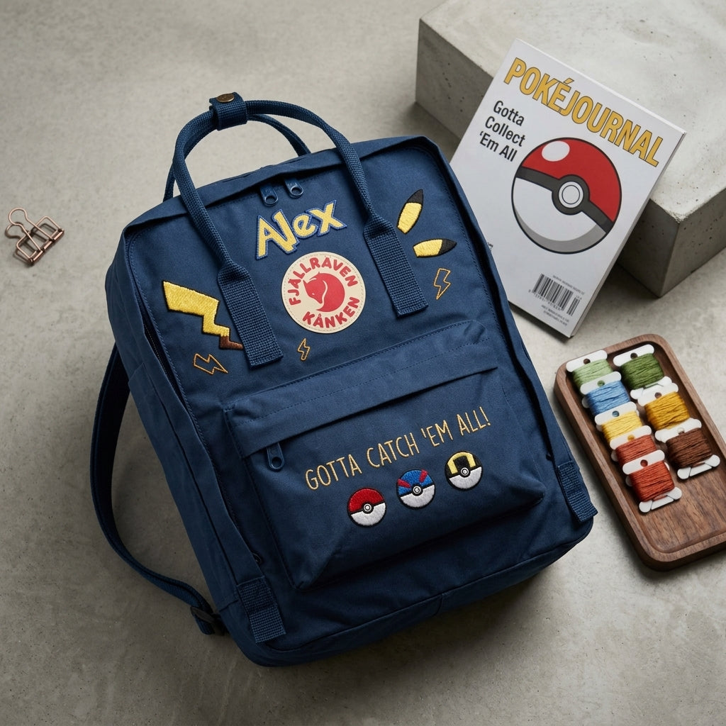Handbestickter Fjällräven-Kånken-Rucksack mit Pokémon-Motiv