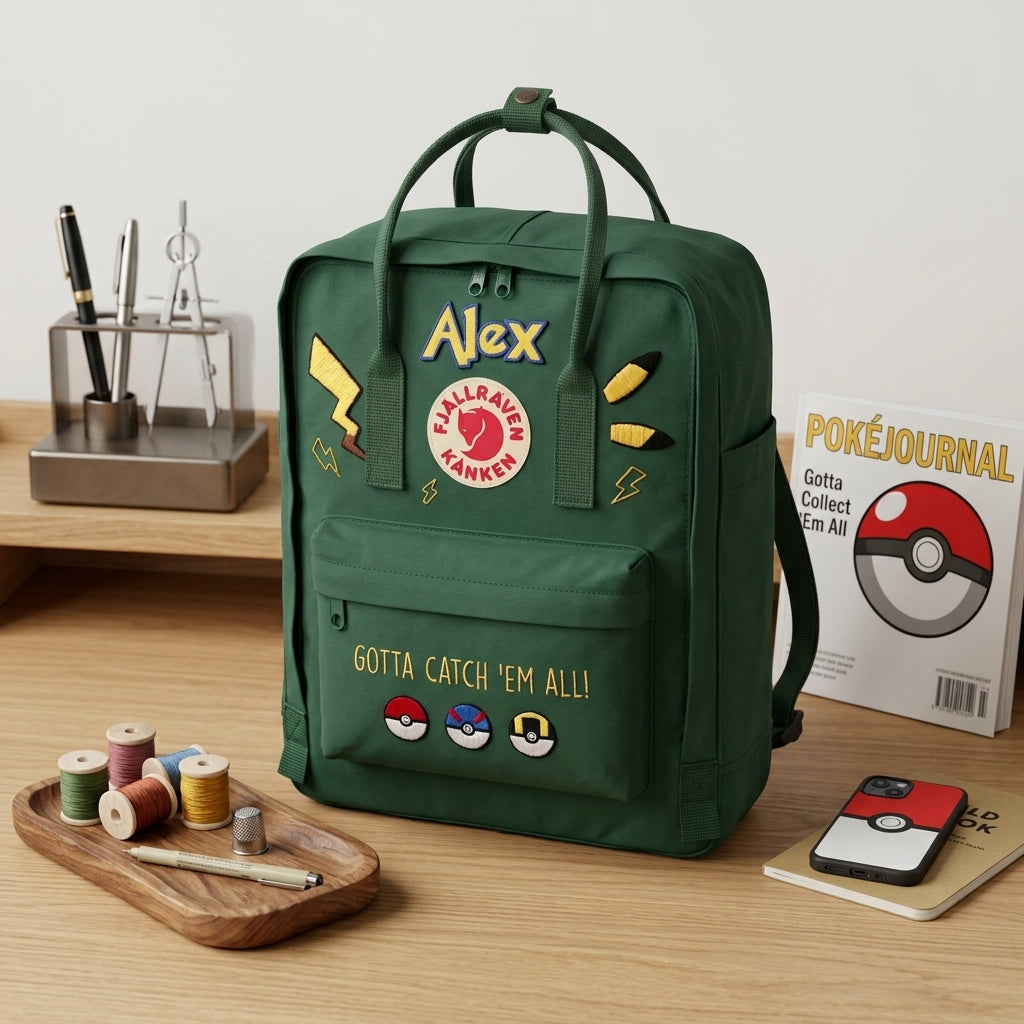 Handbestickter Fjällräven-Kånken-Rucksack mit Pokémon-Motiv