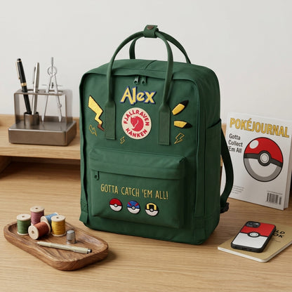 Handbestickter Fjällräven-Kånken-Rucksack mit Pokémon-Motiv