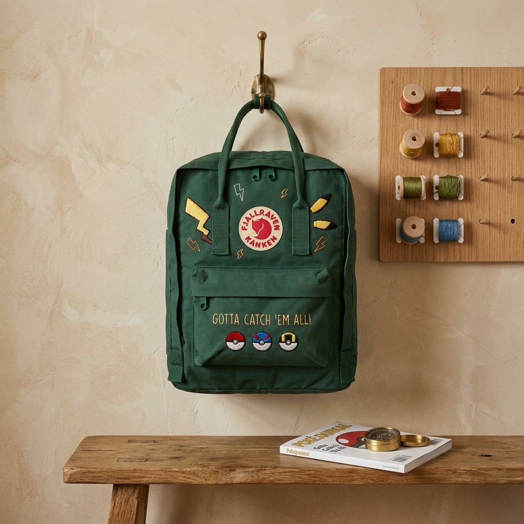 Handbestickter Fjällräven-Kånken-Rucksack mit Pokémon-Motiv