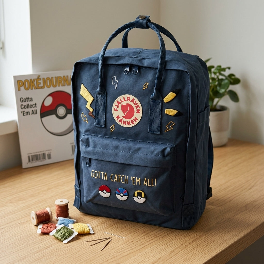 Handbestickter Fjällräven-Kånken-Rucksack mit Pokémon-Motiv