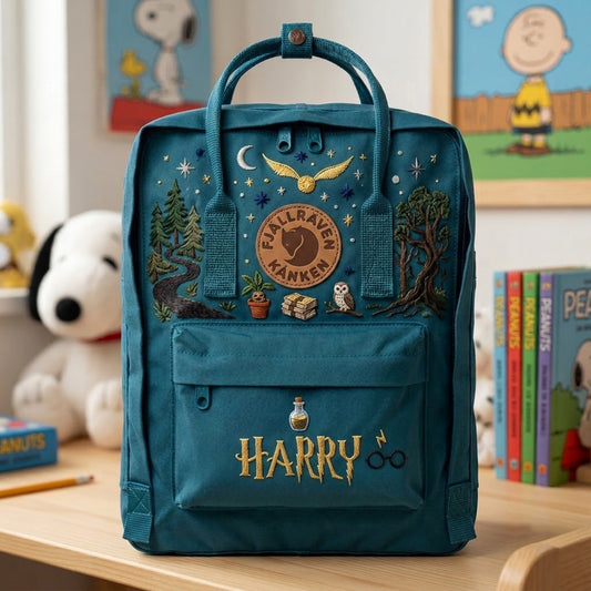 Handbestickter Fjällräven-Kånken-Rucksack mit Harry-Potter-Motiv