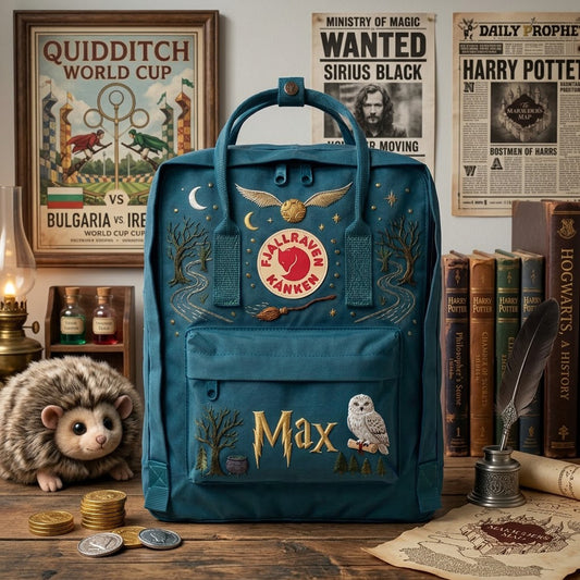 Handbestickter Fjällräven-Kånken-Rucksack mit Harry-Potter-Motiv