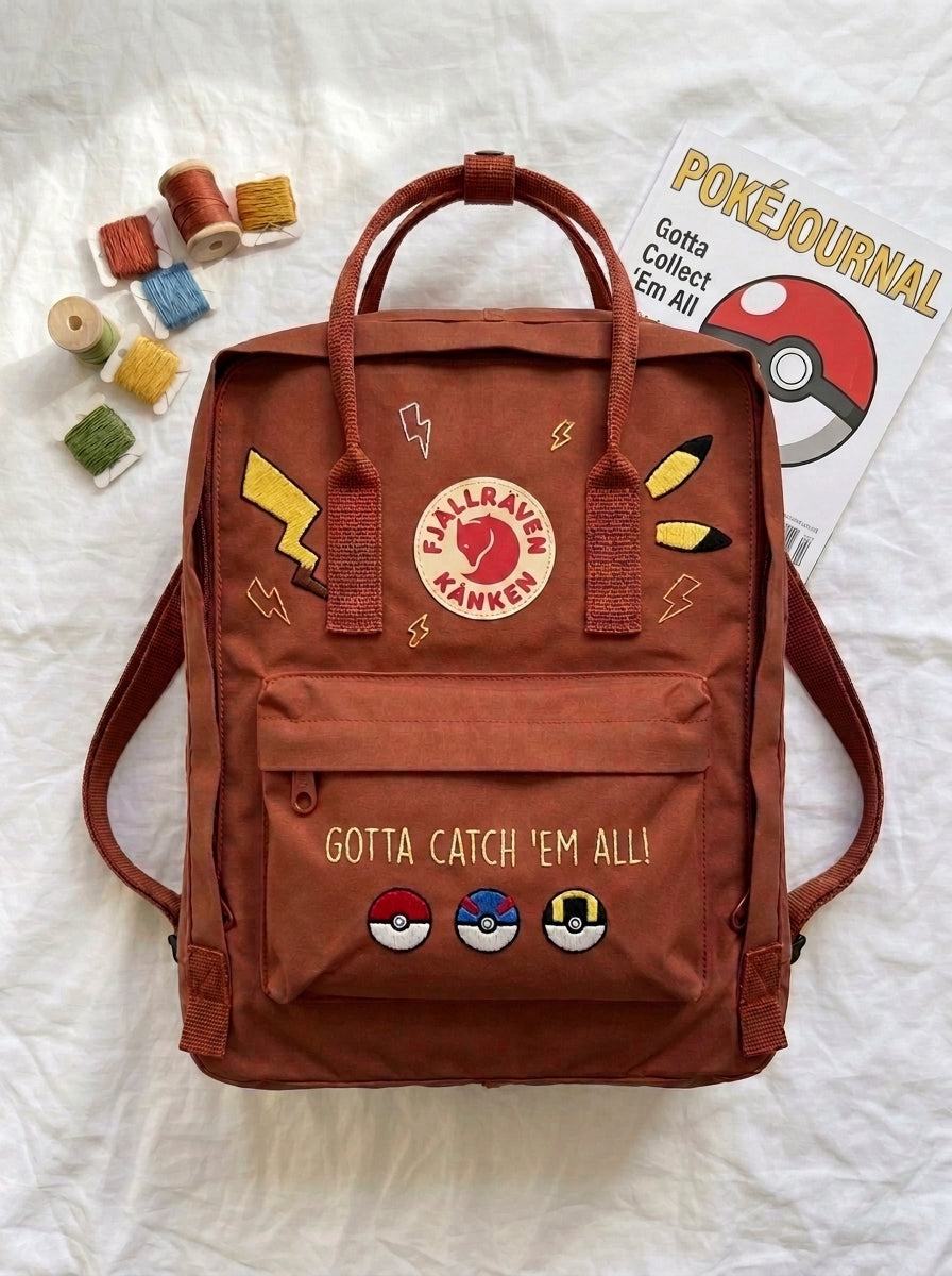 Handbestickter Fjällräven-Kånken-Rucksack mit Pokémon-Motiv