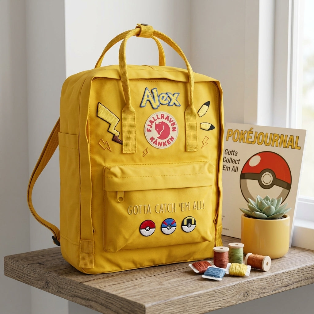 Handbestickter Fjällräven-Kånken-Rucksack mit Pokémon-Motiv