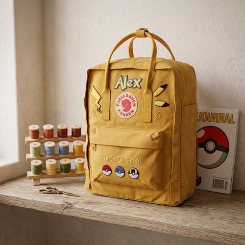 Handbestickter Fjällräven-Kånken-Rucksack mit Pokémon-Motiv