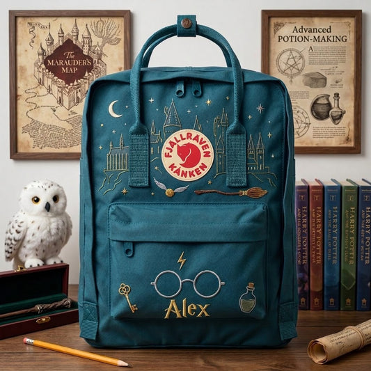 Handbestickter Fjällräven-Kånken-Rucksack mit Harry-Potter-Motiv