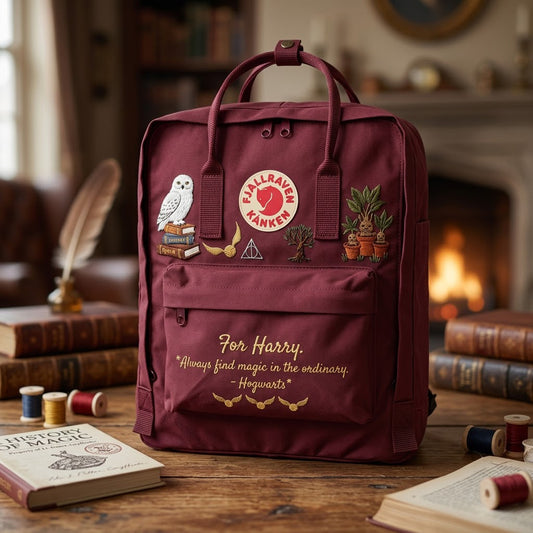 Handbestickter Fjällräven-Kånken-Rucksack mit Harry-Potter-Motiv