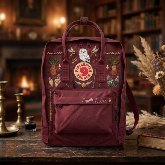 Handbestickter Fjällräven-Kånken-Rucksack mit Harry-Potter-Motiv