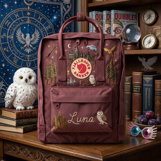 Handbestickter Fjällräven-Kånken-Rucksack mit Harry-Potter-Motiv