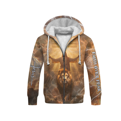 Faith Over Fear Hoodie – 3D Jesus and Lion Christian Zip Up Jacket, Powerful Religious Graphic Hoodie