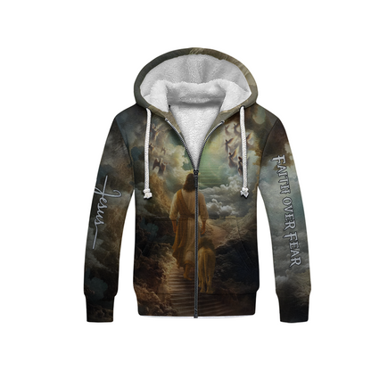 Faith Over Fear Christian Hoodie – 3D Jesus Walking with Lion to Heaven, Angel Cloud Religious Zip Up Jacket