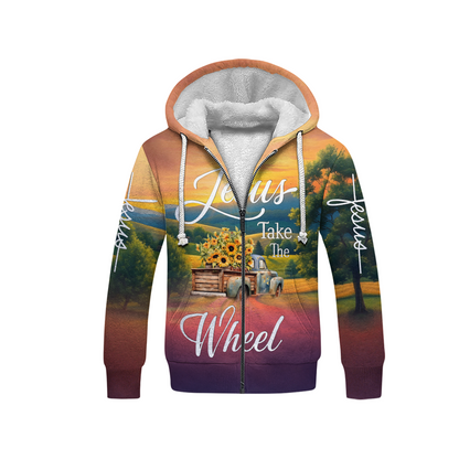 Jesus Take the Wheel – Vintage Truck with Sunflowers and Sunset Country Road Scene