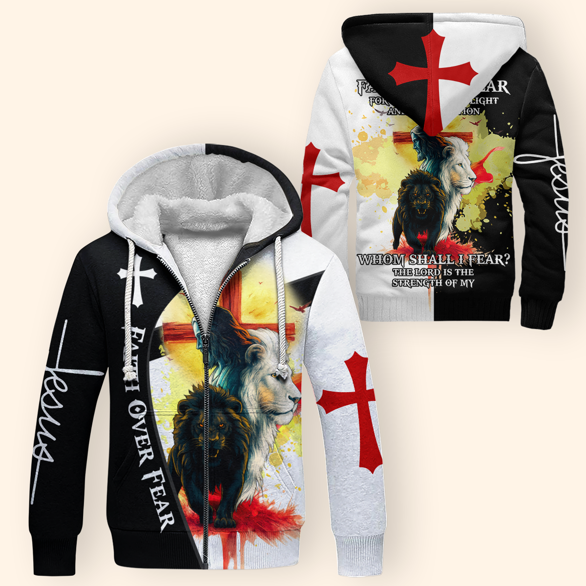 Faith Over Fear Christian Hoodie – Lion of Judah Cross Bible Verse Zip Up Sweatshirt for Believers in Christ