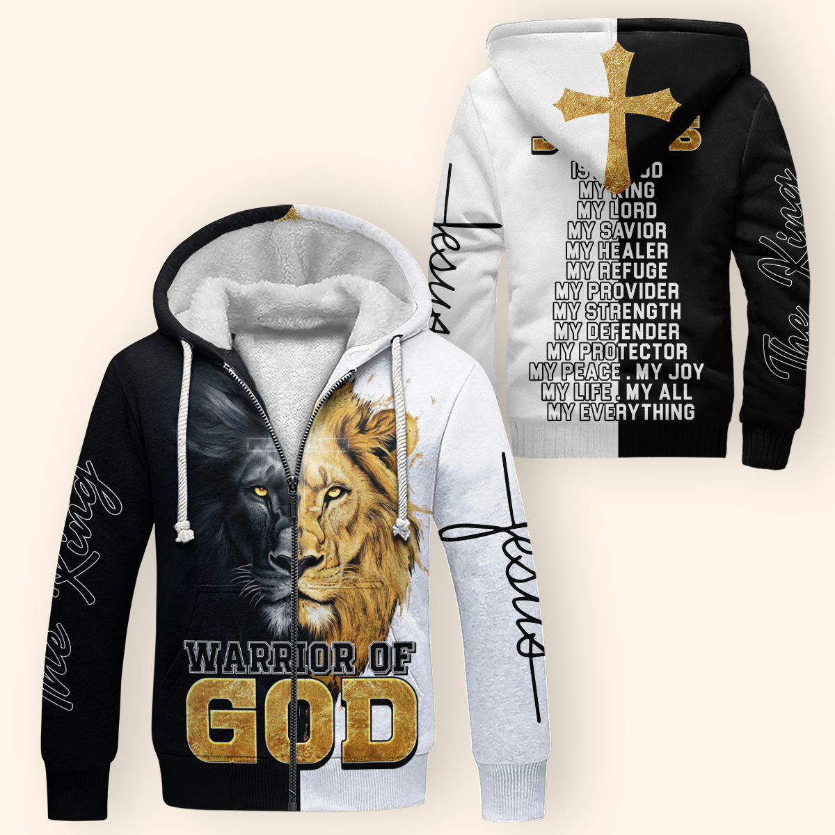 Christian Faith Hoodie – Warrior of God Zip Up Sweatshirt with Lion of Judah and Cross Design