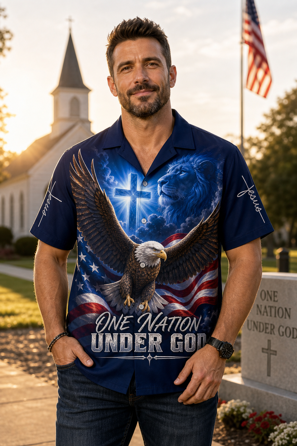 "One Nation Under God" Hawaiian Shirt - American Flag Patriotic Shirt with Bald Eagle, Christian Cross, and Lion Graphic