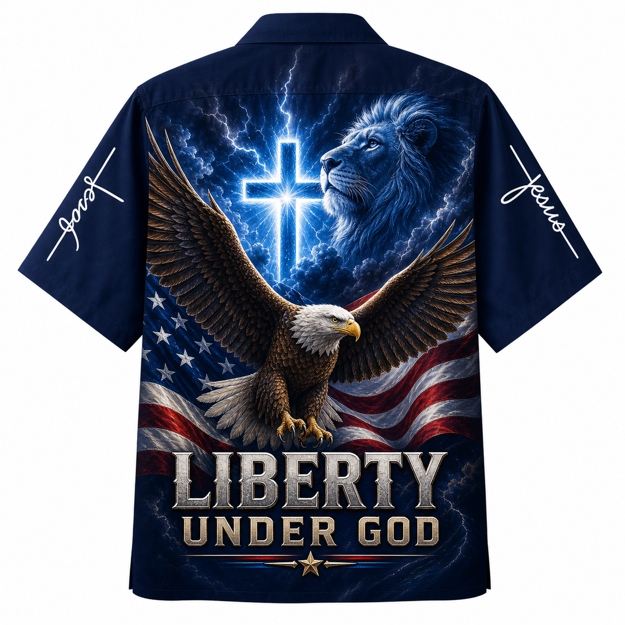 "Liberty Under God" Hawaiian Shirt - American Flag Patriotic Shirt with Bald Eagle, Christian Cross, and Lion Graphic