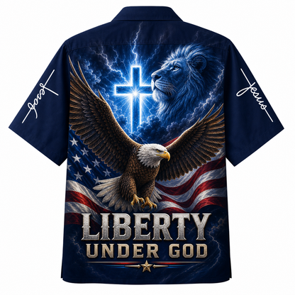 "Liberty Under God" Hawaiian Shirt - American Flag Patriotic Shirt with Bald Eagle, Christian Cross, and Lion Graphic
