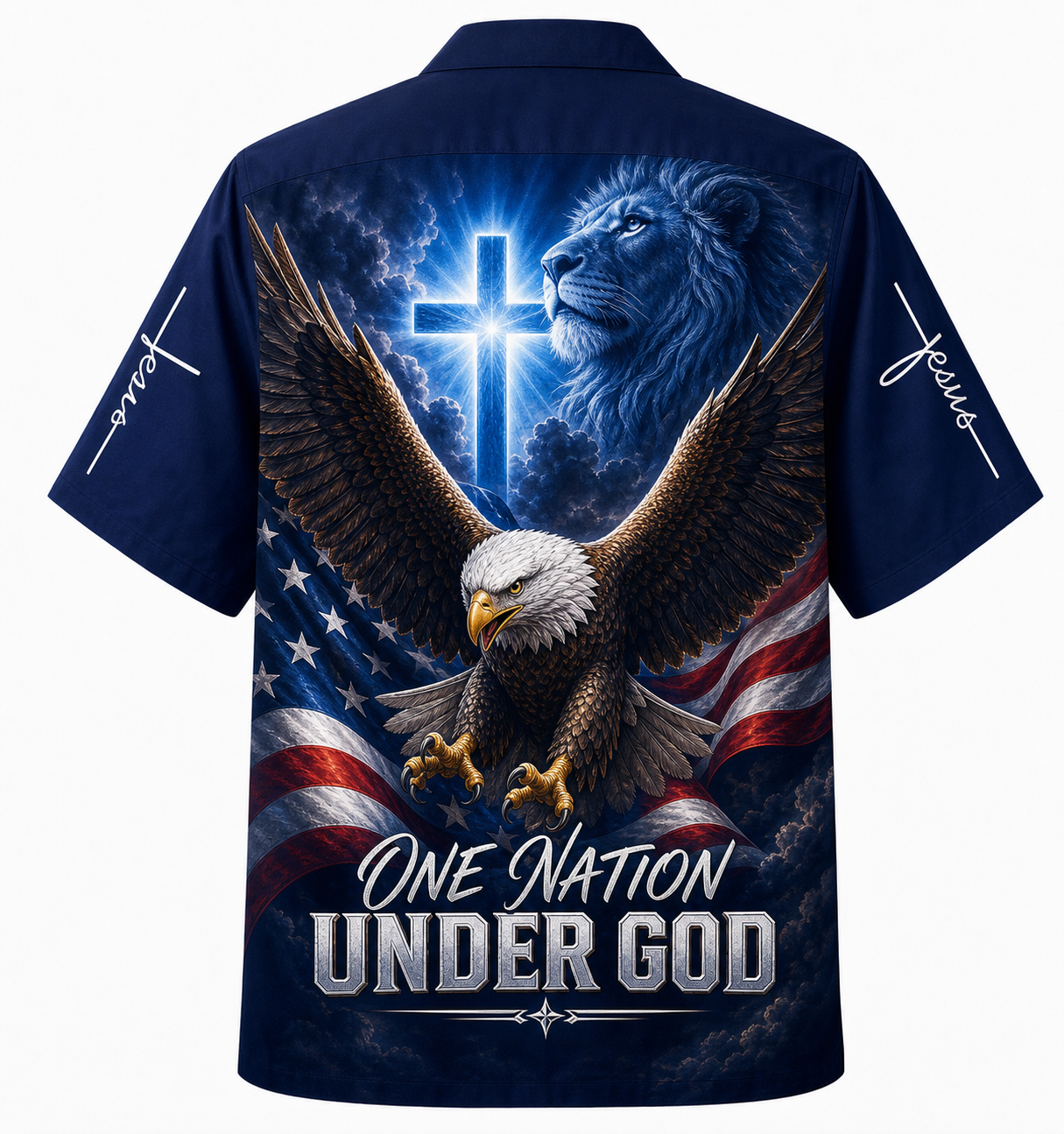 "One Nation Under God" Hawaiian Shirt - American Flag Patriotic Shirt with Bald Eagle, Christian Cross, and Lion Graphic