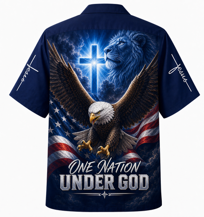 "One Nation Under God" Hawaiian Shirt - American Flag Patriotic Shirt with Bald Eagle, Christian Cross, and Lion Graphic