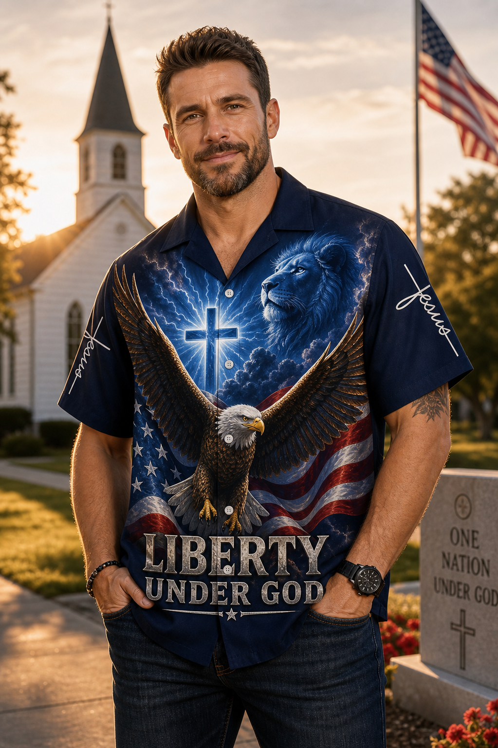 "Liberty Under God" Hawaiian Shirt - American Flag Patriotic Shirt with Bald Eagle, Christian Cross, and Lion Graphic