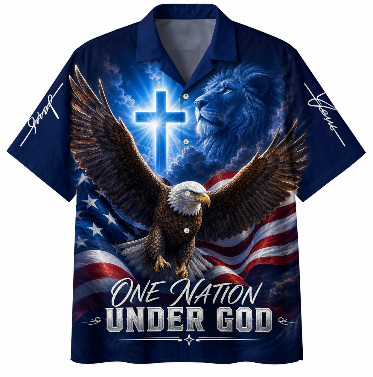 "One Nation Under God" Hawaiian Shirt - American Flag Patriotic Shirt with Bald Eagle, Christian Cross, and Lion Graphic