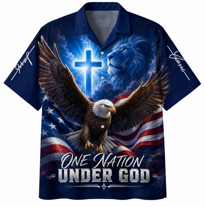 "One Nation Under God" Hawaiian Shirt - American Flag Patriotic Shirt with Bald Eagle, Christian Cross, and Lion Graphic