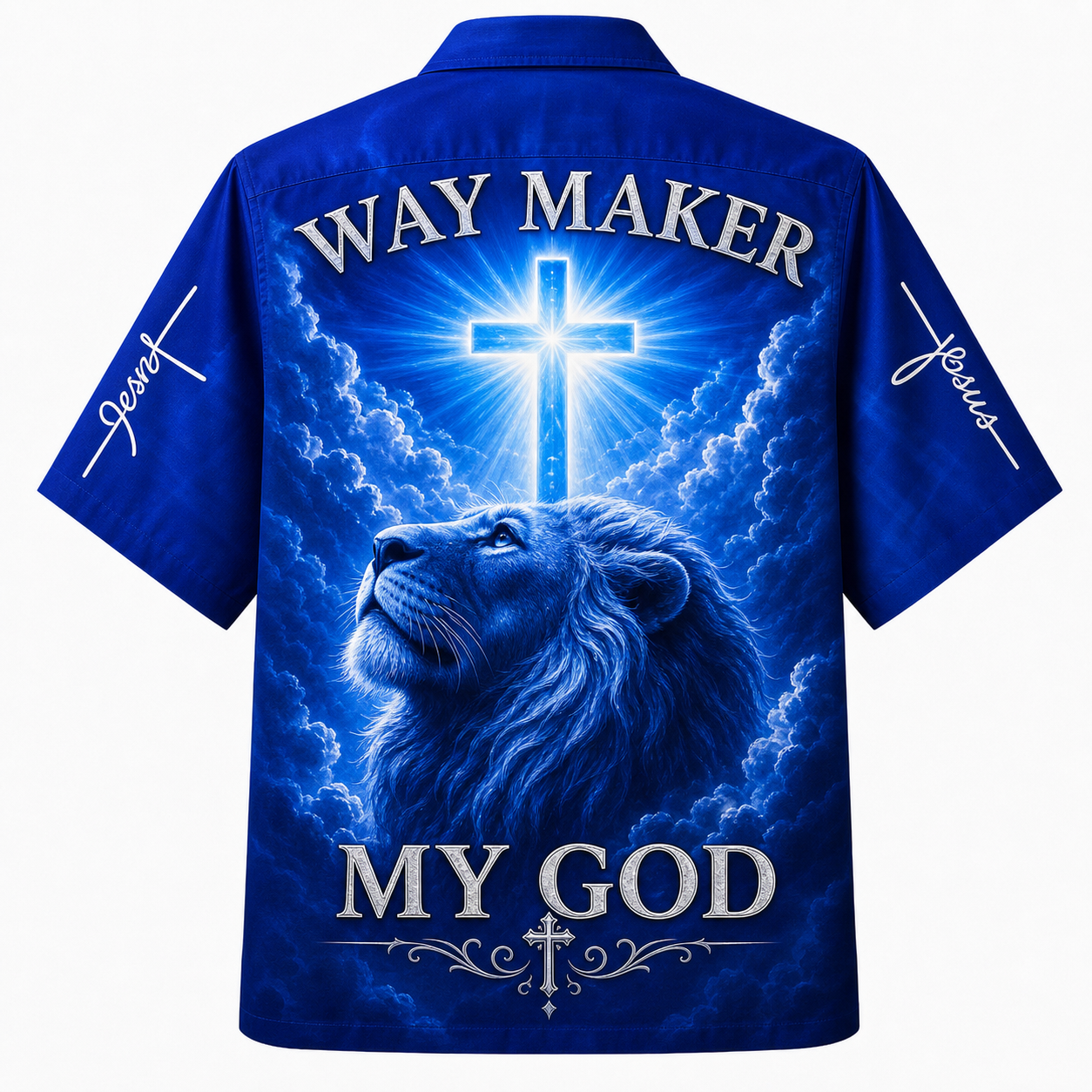 "Way Maker" Hawaiian Shirt - American Flag Patriotic Shirt with Bald Eagle, Christian Cross, and Lion Graphic