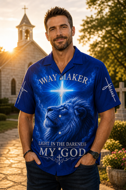 "Way Maker" Hawaiian Shirt - American Flag Patriotic Shirt with Bald Eagle, Christian Cross, and Lion Graphic
