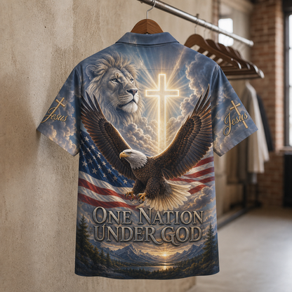 "One nation under God" Hawaiian Shirt - American Flag Patriotic Shirt with Bald Eagle