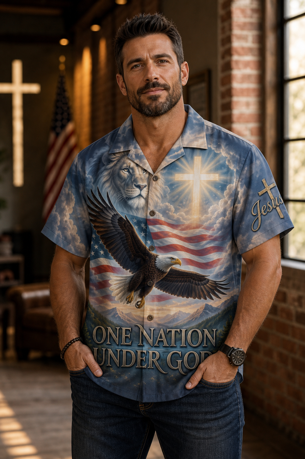 "One nation under God" Hawaiian Shirt - American Flag Patriotic Shirt with Bald Eagle